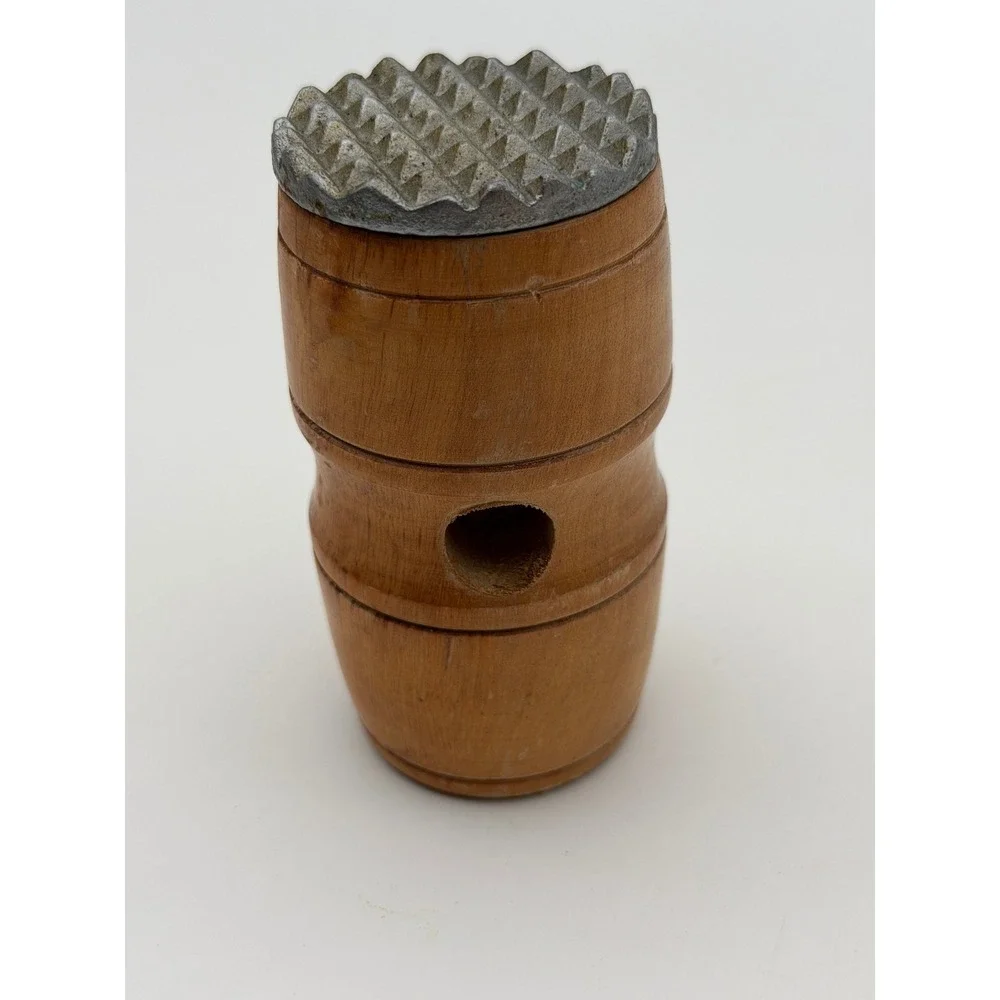 Vintage Wooden Barrel Meat Tenderizer Mallet Primitive Spiked Metal Head Tool